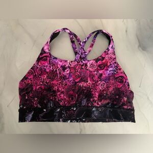LULULEMON Energy Bra Strappy Sports Bra Black Pink Purple Rose Floral Print 8